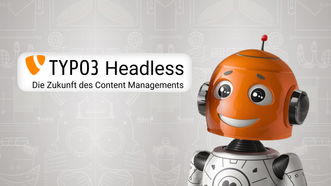 KI-Roboter mit orangenem Kopf und TYPO3 Headless Aufschrift 