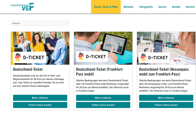 Screenshot der Kachelansicht der Preise-Tarife-Seite der VGF