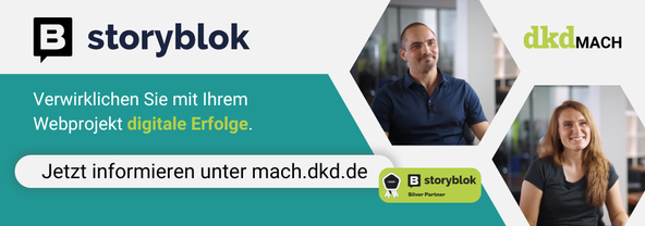 Storyblok Logo neben einem Mann und einer Frau 