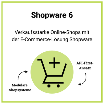 Weiße Kachel mit hellgrünem Rahmen und einem grünen Kreis im unteren Drittel mit einem Icon eines Einkaufswagens darauf. Als Überschrift steht darauf Shopware 6 mit einem kurzen Text darunter.