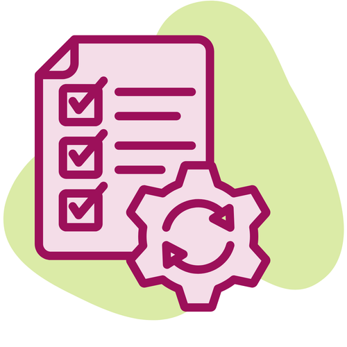 Grafik von einem Dokument mit Checkliste und einem Zahnrad als Symbol für Einstellungen und zwei sich drehenden Pfeilen, die einen Prozess darstellen.