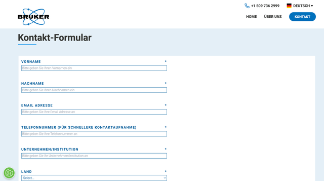 Screenshot der Bruker-Website mit Kontaktformular im Bild