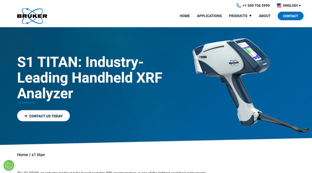 Screenshot der Bruker-Website: Im Bild ist der S1-Titan-RFA-Handspektrometer zu sehen