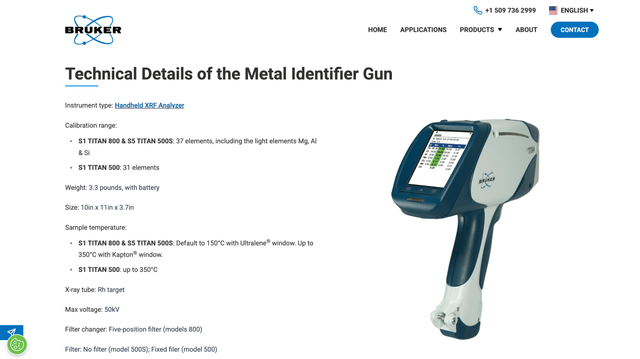 Screenshot Bruker-Website mit dem RFA-Handspektrometer im Bild