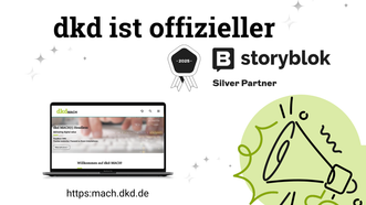 Teaserbild der dkd für die Storyblok Silver Partnerschaft mit Logo und einem Lautsprecher auf grünem Hintergrund