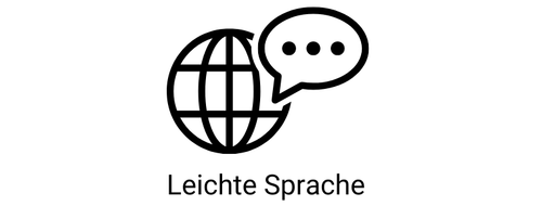 Icon leichte Sprache mit einer Weltkugel und Sprechblase mit drei Punkten in schwarz-weiss