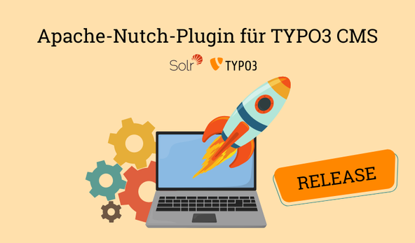 Logo: TYPO3, Solr, nutch mit Rakete im Bild in orange-Tönen