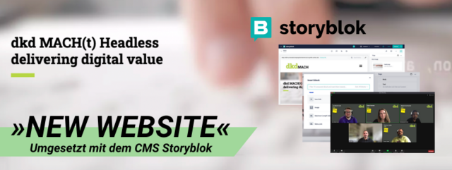 Willkommen auf dkd-MACH* mit Storyblok! Grafik mit Screenshots der mach.dkd.de-Website und dem Storyblok-Logo