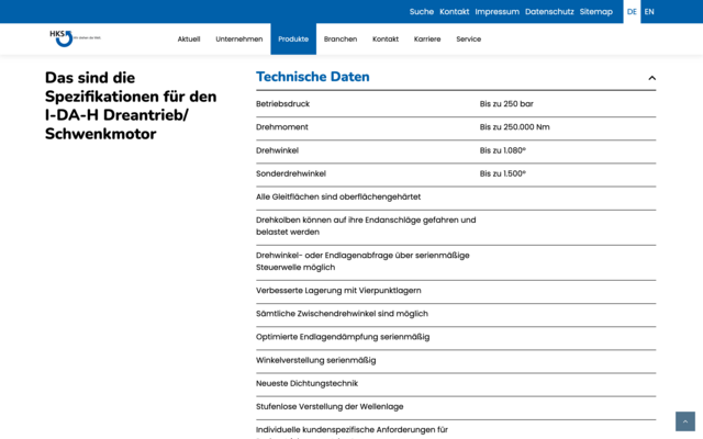 Screenshot der HKS-Webseite zu einem Produktdatenblatt