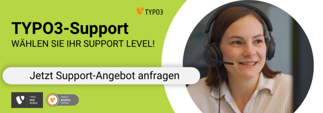 TYPO3 Support Schriftzug neben einer Frau mit Headset 