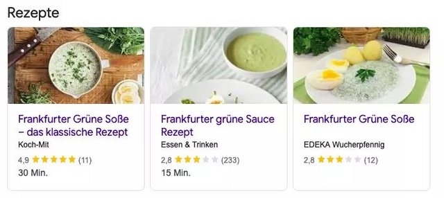 Screenshot zu drei Rezeptern zur Frankfurter Grüner Soße