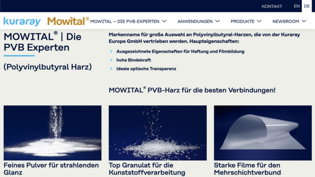Ausschnitt der Website von MOWITAL® - Kuraray Europe GmbH.  PVB und unterschiedlichen Formen für unterschiedliche Anwendungen