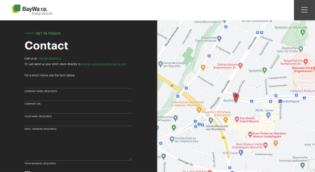 Screenshot der Website der BayWa r.e. AG | Contact