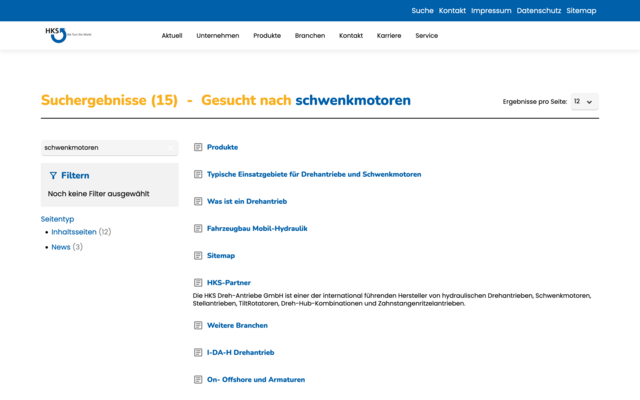 Screenshot der HKS-Webseite Suchergebnisse zu Schwenkmotoren