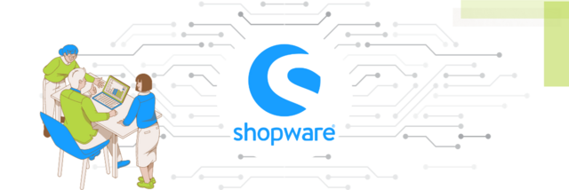 Shopware Logo mit einer Grafik von Personen die am Laptop sind 