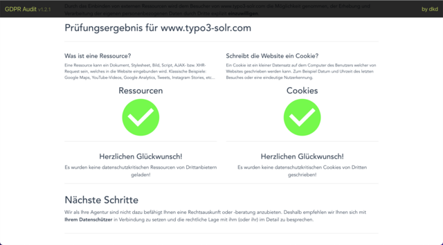 Screenshot einer Analyse des DSGVO-Website-Audits der dkd Internet Service GmbH. Buchen Sie jetzt den DSGVO-Website-Audit für Ihre TYPO3 Website