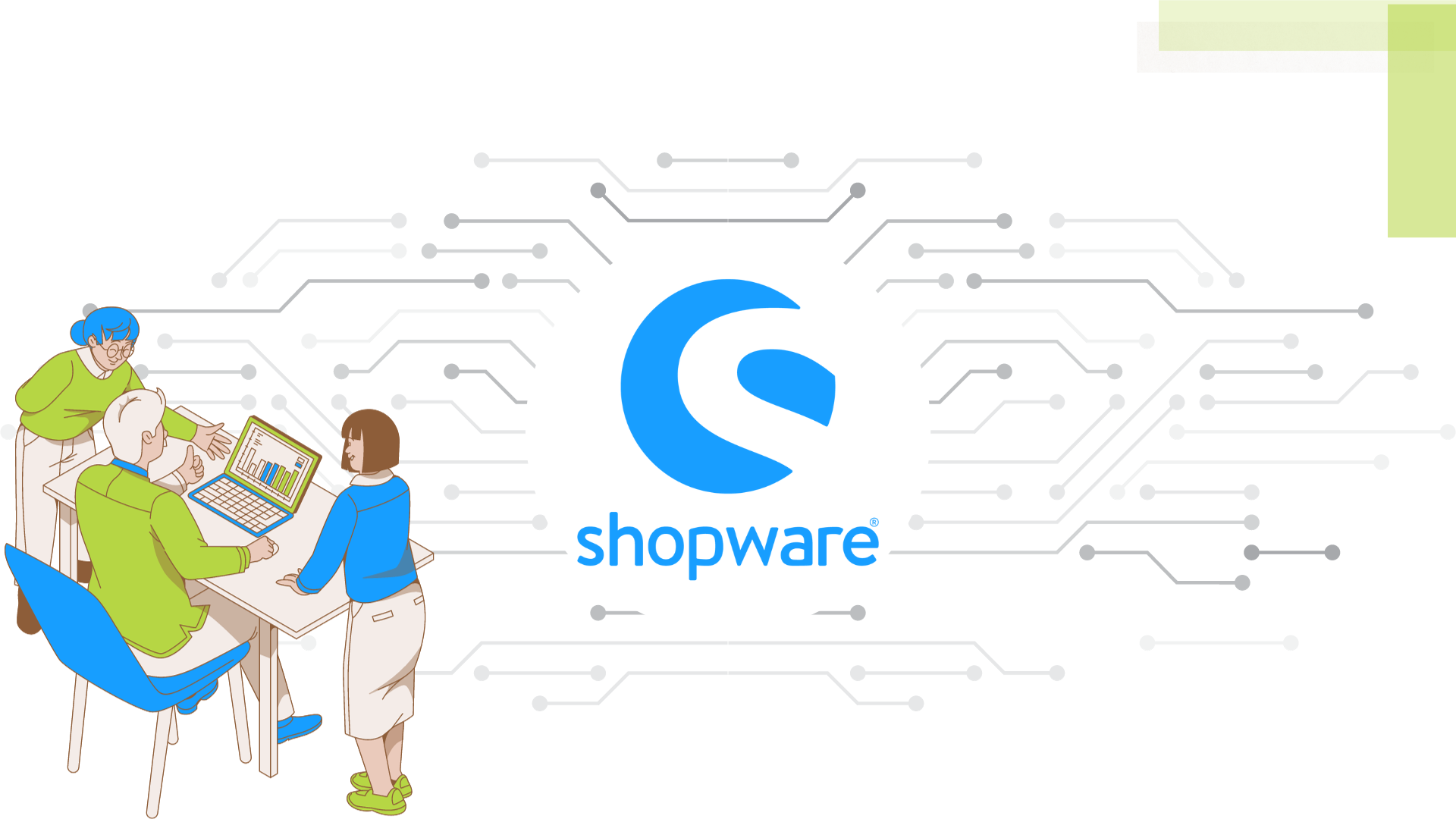 Shopware Logo mit Personen die am Laptop sind 