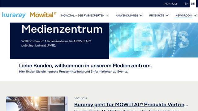 Ausschnitt der Website von MOWITAL® - Kuraray Europe GmbH. Newsroom