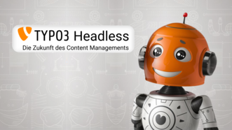 KI-Roboter mit orangenem Kopf und TYPO3 Headless Aufschrift 