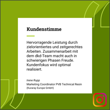 Grafik in grün und weiß  mit Kundenstimme der kuraray Europe GmbH (Mowital)